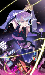 Rule 34 | 1girl, absurdres, armpits, arms up, bigroll, city, cityscape, cyberpunk (series), cyberpunk edgerunners, female focus, highres, jumping, looking at viewer, lucy (cyberpunk), white hair