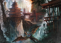 Rule 34 | 1girl, akamidoriao (rgb), architecture, bird, carriage, cart, cliff, dragon, east asian architecture, fantasy, flying, japanese clothes, mountain, original, outdoors, pagoda, riding, scenery, stone lantern, stone wall, temple, torii, tree, wall, water, waterfall, white hair