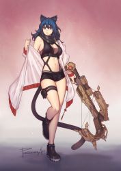 Rule 34 | 1girl, abs, animal ears, arknights, bare legs, bare shoulders, black shorts, blue hair, boots, bow (weapon), breasts, byleth (female) (fire emblem), byleth (fire emblem), cat ears, cat tail, cleavage, commentary, commission, cosplay, crop top, crossbow, english commentary, fire emblem, fire emblem: three houses, full body, itou shizuka, jacket, large breasts, midriff, navel, nintendo, off shoulder, phrecklesart, pouch, scarf, schwarz (arknights), schwarz (arknights) (cosplay), short shorts, shorts, sleeveless, solo, standing, standing on one leg, stomach, strap, tail, thigh strap, thighs, twitter username, voice actor connection, weapon, white jacket