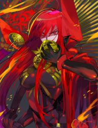 Rule 34 | 1girl, armor, bodysuit, breastplate, breasts, cape, eyes visible through hair, fate/grand order, fate (series), hair between eyes, hair over one eye, high collar, holding, holding skull, long hair, looking at viewer, oda nobunaga (fate), oda nobunaga (maou avenger) (fate), red cape, red eyes, red hair, shaded face, skin tight, skull, solo, urayura
