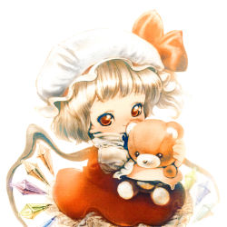 Rule 34 | 1girl, aged down, blonde hair, colored pencil (medium), eyelashes, flandre scarlet, graphite (medium), hat, hat ribbon, hugging doll, hugging object, looking at viewer, mob cap, red eyes, ribbon, side ponytail, simple background, skirt, skirt set, smile, solo, souri, stuffed animal, stuffed toy, teddy bear, touhou, traditional media, wings