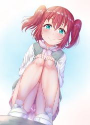 Rule 34 | 1girl, aqua eyes, blush, closed mouth, commentary request, drawstring, dutch angle, floating hair, from below, full body, hair between eyes, highres, hood, hood down, hoodie, knees together feet apart, kurosawa ruby, laces, long sleeves, looking at viewer, love live!, love live! sunshine!!, medium hair, pink skirt, rama (yu-light8), red hair, shoes, skirt, smile, socks, solo, squatting, tareme, two side up, white footwear, white hoodie, white socks