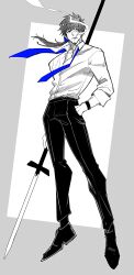 Rule 34 | 1boy, absurdres, bags under eyes, blue necktie, blue ribbon, cigarette, collared shirt, dress shoes, facial hair, fate/grand order, fate (series), full body, goatee, hair ribbon, hand in pocket, haruakira, hector (fate), highres, holding, holding polearm, holding weapon, lance, long hair, male focus, mature male, monochrome, necktie, polearm, ponytail, ribbon, shirt, sleeves past elbows, smoke, smoking, spot color, undone necktie, weapon, wristband