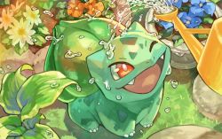 Rule 34 | ;d, blue flower, bright pupils, bulbasaur, claws, commentary request, creatures (company), day, fangs, flower, flower pot, game freak, gen 1 pokemon, grass, looking up, nintendo, one eye closed, open mouth, orange eyes, orange flower, outdoors, pokemon, smile, tapioka chaso, tongue, water, water drop, watering can, white flower, white pupils