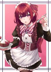Rule 34 | 1girl, absurdres, alternate costume, apron, arima kana, black thighhighs, blush, bow, bowtie, buttons, collared dress, commentary request, dress, frilled dress, frills, hair between eyes, hair ribbon, highres, holding, holding spoon, light particles, maid, maid apron, maid headdress, medium hair, open mouth, oshi no ko, red bow, red eyes, red hair, red ribbon, revision, ribbon, sidelocks, solo, spoon, striped bow, striped bowtie, striped clothes, tapume, thighhighs, zettai ryouiki