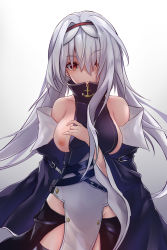 Rule 34 | 1girl, azur lane, bad id, bad pixiv id, bare shoulders, breasts, breasts out, brown eyes, clothing aside, collarbone, colorado (azur lane), commentary request, commission, detached sleeves, expressionless, grey background, hair between eyes, hair intakes, hair over one eye, hairband, high collar, highres, long hair, looking at viewer, medium breasts, nipples, ponta (velmar), pulling own clothes, sideboob, sidelocks, silver hair, simple background, solo, wide sleeves