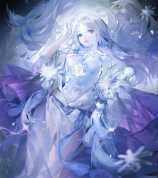 Rule 34 | 1girl, absurdres, blue eyes, blue theme, breasts, character request, colored skin, dress, flower, hand up, highres, long hair, looking at viewer, lying, medium breasts, on back, onmyoji, parted lips, rose, ruoganzhao, snowflakes, solo, white dress, white hair, white skin, yuki onna
