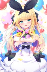 Rule 34 | 1girl, apron, balloon, baram, black bow, black ribbon, blonde hair, blue dress, blunt bangs, blush, bow, collared dress, commentary request, confetti, dress, flower, green eyes, hair bow, hair ribbon, heart balloon, highres, hugging object, long hair, looking at viewer, mononobe alice, mononobe alice (1st costume), nijisanji, open mouth, pink flower, pink rose, puffy short sleeves, puffy sleeves, purple flower, purple rose, ribbon, rose, short sleeves, smile, solo, very long hair, virtual youtuber, white apron, yellow flower