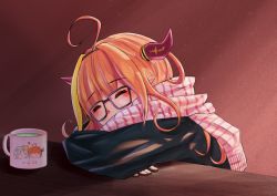 Rule 34 | 2girls, absurdres, ahoge, alternate costume, amane kanata, bespectacled, blonde hair, blunt bangs, blush, blush stickers, casual, closed eyes, commentary, dragon girl, dragon horns, english commentary, glasses, green tea, hairband, highres, hololive, horns, kiryu coco, maciel panqueques, multicolored hair, multiple girls, orange hair, pointy ears, scarf, sleeping, streaked hair, table, tea, translated, two-tone hair, virtual youtuber