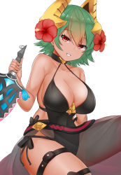 Rule 34 | 1girl, black one-piece swimsuit, breasts, cleavage, covered navel, dagger, daichi (tokoya), dark-skinned female, dark skin, fire emblem, fire emblem heroes, flower, gradient hair, green hair, grin, hair flower, hair ornament, highres, holding, holding dagger, holding knife, holding weapon, knife, laegjarn (fire emblem), large breasts, multicolored hair, nintendo, one-piece swimsuit, orange hair, red eyes, sarong, short hair, simple background, smile, solo, swimsuit, thigh strap, weapon, white background