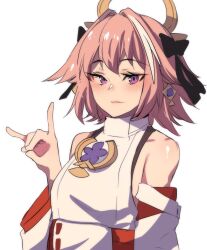 Rule 34 | 1boy, astolfo (fate), blush, bow, closed mouth, cosplay, detached sleeves, earrings, fate/grand order, fate (series), fox shadow puppet, genshin impact, hair bow, hair intakes, hair ornament, hair ribbon, highres, hinghoi, japanese clothes, jewelry, looking at viewer, miko, multicolored hair, pink eyes, pink hair, ribbon, shiny skin, short hair, sidelocks, smile, streaked hair, trap, upper body, white background, white hair, yae miko, yae miko (cosplay)