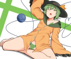 Rule 34 | 1girl, arm up, baketsuya, black hat, blouse, bow, bra, breasts, bright pupils, buttons, cameltoe, diamond button, feet, frilled sleeves, frills, from below, frown, full body, green bra, green eyes, green hair, green panties, hat, hat bow, hat ribbon, heart, heart of string, koishi day, komeiji koishi, long sleeves, looking at viewer, medium hair, no pants, one eye closed, open mouth, panties, ribbon, shirt, simple background, small breasts, solo, teeth, third eye, toenails, toes, touhou, underwear, upper teeth only, wavy hair, white background, white pupils, wide sleeves, yellow bow, yellow ribbon, yellow shirt