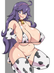 Rule 34 | 1girl, @ @, ahoge, alternate breast size, animal print, bare shoulders, bell, belt collar, bikini, breasts, brown collar, collar, cow print, cow print bikini, cowbell, crazy smile, creatures (company), curvy, dd (giogio99), elbow gloves, fingerless gloves, game freak, gloves, grabbing own breast, hair between eyes, hairband, hex maniac (pokemon), highres, huge breasts, long hair, looking at viewer, navel, neck bell, nintendo, open mouth, plump, pokemon, pokemon xy, print bikini, print gloves, print thighhighs, purple eyes, purple hair, smile, solo, sweat, swimsuit, thighhighs