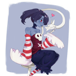 Rule 34 | 1girl, absurdres, blue background, blue hair, blue skin, border, breasts, cleavage, closed eyes, colored skin, detached collar, detached sleeves, from side, hair over one eye, heart, highres, lips, red eyes, side ponytail, sitting, skeletal arm, skullgirls, solo, squigly (skullgirls), striped, striped sleeves, uchujin 416, white border, zombie