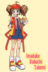 1girl absurdres ahoge badge black_necktie black_shorts blush blush_stickers breasts brown_hair burger button_badge character_name cheese collared_shirt commentary cup disposable_cup double_cheese_(mcdonald&#039;s) dress_shirt drink drinking drinking_straw drinking_straw_in_mouth eating food food_bite food_wrapper full_body gauze gauze_on_leg hands_up hat headset highres holding holding_burger holding_cup holding_drink holding_food looking_to_the_side loose_socks mcdonald&#039;s medium_hair microphone necktie okken open_happi pinstripe_pattern pinstripe_shirt red_footwear red_hat red_shirt red_trim romaji_text sesame_seeds shirt shoes short_sleeves shorts simple_background small_breasts sneakers socks solo standing striped_clothes striped_shirt tie_clip twintails two-tone_shirt velcro_footwear vertical-striped_clothes vertical-striped_shirt visor_cap white_footwear white_shirt white_socks yellow_background yellow_happi