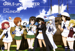 Rule 34 | 10s, 6+girls, :d, absurdres, arms up, black legwear, blouse, blue sky, blunt bangs, bow, bowtie, brown eyes, brown hair, calendar (medium), cape, clenched hand, closed eyes, copyright name, cutlass (girls und panzer), dark-skinned female, dark skin, day, english text, flint (girls und panzer), girls und panzer, grass, grey eyes, grey hair, hair over one eye, hand on own hip, hands on own hips, hat, hat feather, headphones, highres, kawashima momo, maid, maid headdress, mark iv tank, mark v (tank), microphone, midriff, military, military vehicle, miniskirt, motor vehicle, mountain, multiple girls, murakami (girls und panzer), neckerchief, nishizumi miho, ogin (girls und panzer), ooarai school uniform, open mouth, outdoors, panzerkampfwagen 38(t), pipe in mouth, red hair, rum (girls und panzer), sailor, sailor hat, school uniform, serafuku, shirt, skirt, sky, sleeves rolled up, smile, smoking pipe, socks, standing, standing on one leg, tank, title page, white hat, white shirt