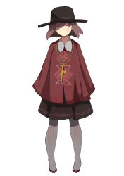 Rule 34 | 1girl, absurdres, bad id, bad pixiv id, black hat, blush, brown eyes, brown footwear, brown hair, brown skirt, closed mouth, full body, grey pantyhose, hair over one eye, hat, highres, key, looking at viewer, original, pantyhose, pleated skirt, poncho, simple background, skirt, solo, standing, striped clothes, striped pantyhose, surio, vertical-striped clothes, vertical-striped pantyhose, white background