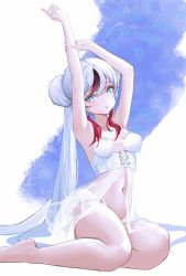 Rule 34 | 1girl, :o, azur lane, bare shoulders, blue eyes, blue hair, blush, bra, breasts, collarbone, dido (magicc), hands up, highres, l&#039;indomptable (azur lane), l&#039;indomptable (little red riding hood&#039;s worries) (azur lane), legs, light blue hair, lingerie, long hair, looking at viewer, medium breasts, multicolored hair, navel, official alternate costume, on floor, open mouth, panties, simple background, solo, streaked hair, thighs, twintails, underwear, very long hair, white bra, white panties