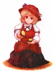 Rule 34 | 1girl, aki minoriko, blonde hair, blush, colored pencil (medium), dress, female focus, food, fruit, giving, grapes, hat, holding, looking at viewer, outstretched arm, red eyes, short hair, sitting, smile, solo, sweet potato, terrajin, touhou, traditional media