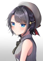 Rule 34 | 1girl, black hair, black ribbon, blouse, blue eyes, blush, braid, breasts, commentary request, from side, frown, gradient background, grey background, grey shirt, hair ornament, hat, highres, hololive, kuya c3, looking at viewer, medium breasts, official alternate costume, oozora subaru, oozora subaru (work), ribbed shirt, ribbon, sailor hat, shiny skin, shirt, short hair, sidelocks, sleeveless, sleeveless shirt, solo, striped clothes, striped shirt, swept bangs, upper body, v-shaped eyebrows, vertical-striped clothes, vertical-striped shirt, virtual youtuber, white background