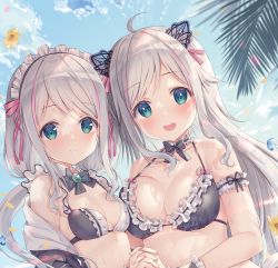 Rule 34 | 2girls, :d, absurdres, aqua eyes, arm cuffs, bare shoulders, bikini, black bikini, black bow, black jacket, blush, bow, breasts, choker, cleavage, collarbone, commentary request, day, flower, frilled bikini, frilled choker, frills, hair ribbon, halterneck, highres, holding hands, jacket, long hair, maid headdress, medium breasts, multicolored hair, multiple girls, off shoulder, open mouth, original, petals, pink hair, pink ribbon, ribbon, sidelocks, silver hair, sky, small breasts, smile, sousouman, streaked hair, swept bangs, swimsuit, twintails, upper body, wrist cuffs, yellow flower
