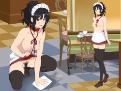 Rule 34 | 1girl, amagami, black eyes, black hair, black thighhighs, blush, breasts, casual nudity, chair, cleft of venus, clothes lift, collar, cottage, highres, looking at viewer, medium breasts, nipples, no panties, open mouth, ponytail, pubic hair, shoes, short hair, skirt, skirt lift, smile, squatting, standing, tanamachi kaoru, thighhighs, waitress, wet