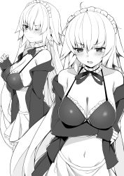 Rule 34 | 1girl, absurdres, ahoge, apron, arm at side, artoria pendragon (alter swimsuit rider) (fate), artoria pendragon (alter swimsuit rider) (fate) (cosplay), artoria pendragon (alter swimsuit rider) (second ascension) (fate), artoria pendragon (fate), bare shoulders, bikini, bikini top only, blush, braid, breast hold, breasts, bridal garter, cosplay, cowboy shot, fate/grand order, fate (series), french braid, frilled bikini, frilled bikini top, frills, greyscale, haruyuki (yukichasoba), highres, jacket, jeanne d&#039;arc (fate), jeanne d&#039;arc alter (avenger) (fate), jeanne d&#039;arc alter (fate), large breasts, long hair, looking at viewer, looking to the side, maid, maid bikini, maid headdress, midriff, monochrome, multiple persona, multiple views, navel, one eye closed, open clothes, open jacket, stomach, swimsuit, tears, unconventional maid, very long hair, waist apron