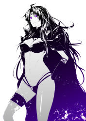 Rule 34 | 1girl, bad id, bad pixiv id, black hair, breasts, cape, cleavage, hand on own hip, highres, iwamoto eiri, large breasts, long hair, monochrome, naga the serpent, purple eyes, purple theme, revealing clothes, skull, slayers, solo, spikes, spot color, thigh strap