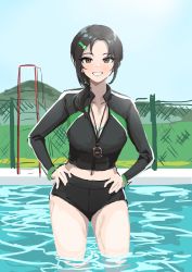 Rule 34 | 1girl, absurdres, aoki kei, black hair, chain-link fence, collarbone, fence, grin, hands on own hips, highres, idolmaster, idolmaster cinderella girls, looking at viewer, navel, outdoors, pool, rash guard, aoki kei, side ponytail, smile, solo, stopwatch, stopwatch around neck, trainer (idolmaster), ushimochi, wading, watch