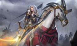 Rule 34 | 1girl, absurdres, armor, arrow (projectile), barding, belt, black gloves, boots, bow (weapon), breasts, cleavage, dragon, flag, gloves, glowing, glowing eyes, glowing weapon, gold trim, grey hair, grey sky, highres, holding, holding bow (weapon), holding weapon, horseback riding, long hair, original, outdoors, riding, sky, takamitsu-kun, very long hair, weapon, yellow eyes