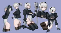 Rule 34 | 1girl, 2b (nier:automata), absurdres, adjusting hair, alternate hairstyle, arm up, ass, ayami (user gywv2483), black gloves, black hairband, black leotard, black thighhighs, blindfold, blue background, bob cut, breasts, cleavage, cleavage cutout, closed eyes, clothing cutout, commentary, covered navel, cowboy shot, cropped legs, cropped torso, elbow gloves, feather-trimmed sleeves, feather trim, from side, full body, gloves, green eyes, hair between eyes, hair over one eye, hairband, heattech leotard, highleg, highleg leotard, highres, holding, holding sword, holding weapon, juliet sleeves, katana, kneeling, lace, leotard, long sleeves, looking at viewer, looking up, medium breasts, mole, mole under mouth, multiple views, nier:automata, nier (series), on ground, pod (nier:automata), puffy sleeves, robot, short hair, short ponytail, simple background, sitting, skindentation, stretching, sword, thighhighs, turtleneck, two-tone leotard, weapon, white hair, white leotard, yokozuwari