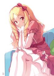 Rule 34 | 1girl, azumi akitake, blonde hair, bow, brown eyes, closed mouth, couch, dress, drill hair, eromanga sensei, feet out of frame, from below, hair bow, hands on own face, layered dress, layered sleeves, long sleeves, looking at viewer, pink bow, pink dress, pointy ears, red bow, ringlets, simple background, sitting, solo, twin drills, white background, yamada elf