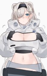 Rule 34 | 1girl, absurdres, animal ears, arknights, aurora (arknights), bear ears, bear girl, black gloves, black hairband, blue eyes, blush, breasts, chunta, cleavage, cleavage cutout, closed mouth, clothing cutout, commentary, cowboy shot, cropped jacket, expressionless, gloves, grey hair, grey jacket, hair intakes, hair over one eye, hairband, highres, jacket, large breasts, long hair, looking at viewer, navel, simple background, solo, standing, stomach, sweat, very long hair, white background, winter clothes