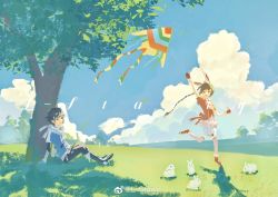 Rule 34 | 1boy, 1girl, absurdres, animal ears, braid, braided ponytail, brown hair, cloud, cloudy sky, douluo dalu, grass, highres, kite, l starry, looking up, open mouth, rabbit, rabbit ears, sitting, sky, tree, xiao wu (douluo dalu)