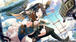 Rule 34 | 1girl, absurdres, aircraft, aqua skirt, arm strap, belt, belt pouch, black footwear, black hair, black skirt, blue eyes, blush, boots, breasts, brown gloves, character name, cleavage, cloud, commentary request, day, dirigible, floating hair, frilled skirt, frills, game cg, gloves, goggles, goggles on head, highres, holster, idolmaster, idolmaster shiny colors, industrial pipe, ladder, leg up, lens flare, long hair, looking at viewer, mechanical wings, mitsumine yuika, no eyewear, official art, one eye closed, open mouth, outdoors, overskirt, parted bangs, pleated skirt, pouch, shirt, single wing, skirt, sleeveless, sleeveless shirt, small breasts, smile, solo, sparkle, steam, steampunk, thigh boots, twintails, w, wings