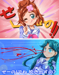 Rule 34 | 2girls, ;q, aiming, aiming at viewer, blood, blue background, blue bow, blue bowtie, blush, bow, bowtie, excessive nosebleed, expressionless, go! princess precure, haruno haruka, heart, kaidou minami, multiple girls, nosebleed, one eye closed, parody, precure, red background, shishinon, simple background, text focus, tongue, tongue out, translation request, upper body, yuri, yuru yuri