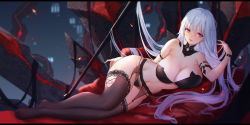 Rule 34 | 1girl, arm strap, bare shoulders, black bra, black panties, black thighhighs, bra, breasts, bright pupils, cleavage, closers, detached collar, garter belt, groin, hand up, highres, large breasts, letterboxed, lingerie, long hair, looking at viewer, lying, mirae (closers), navel, no shoes, on side, open mouth, panties, purple eyes, smile, solo, stomach, swd3e2, thighhighs, thighs, underwear, underwear only, very long hair, white hair