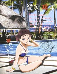 Rule 34 | 1boy, 1girl, absurdres, barefoot, beach chair, bikini, blue eyes, bracelet, breasts, brown hair, character name, character signature, cleavage, day, earrings, feet, hand in own hair, highres, hisayuki hirokazu, jewelry, lipstick, makeup, multicolored bikini, multicolored clothes, my-hime, nail polish, navel, o-ring, o-ring bikini, ocean, official art, outdoors, palm tree, photo background, pink nails, pool, red lips, sagisawa youko, short hair, sitting, sky, smile, solo focus, swimsuit, toes, translation request, tree