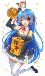Rule 34 | &gt; &lt;, 1girl, ;d, arm up, ballot box, bison cangshu, black dress, black footwear, blue hair, blush, box, breasts, cheering, cheerleader, chinese text, cleavage, closed eyes, detached sleeves, dress, hair ribbon, hamster, highres, leg up, long hair, long sleeves, looking at viewer, one eye closed, open mouth, pom pom (cheerleading), quincy (warship girls r), red eyes, red ribbon, ribbon, shoes, simple background, sleeveless, sleeveless dress, smile, solo, standing, standing on one leg, text focus, thighhighs, translated, warship girls r, white background, white thighhighs, zettai ryouiki