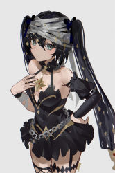 Rule 34 | 1girl, :|, asymmetrical sleeves, bandaged head, bandaged wrist, bandages, belly chain, black choker, black dress, black hair, bow, breasts, choker, closed mouth, covered navel, cowboy shot, detached sleeves, dress, expressionless, fishnet thighhighs, fishnets, frilled choker, frilled dress, frills, garter straps, genshin impact, green eyes, grey background, hair between eyes, hair bow, halterneck, hand on own hip, hand up, highres, jewelry, long hair, long sleeves, medium breasts, mismatched sleeves, mona (genshin impact), ponytail holder, puffy long sleeves, puffy sleeves, raiya atelier, simple background, sleeveless, sleeveless dress, solo, standing, thighhighs, thighlet, twintails, wristband