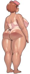 Rule 34 | 1girl, absurdres, animal ears, ass, bare back, bare shoulders, barefoot, breasts, brown eyes, brown hair, elf-san wa yaserarenai., from behind, highres, huge breasts, looking at viewer, looking back, nipples, nude, oku (elf-san wa yaserarenai.), pig ears, pig tail, plump, short hair, simple background, smile, solo, synecdoche, tail, tan, tanline, thick thighs, thighs, white background
