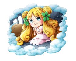 Rule 34 | 1girl, blonde hair, blue eyes, bodskih, bread, crying, curly hair, double bun, dress, flower, food, hair bun, hair flower, hair ornament, long hair, mansherry (one piece), official art, one piece, one piece treasure cruise, sitting, solo, transparent background
