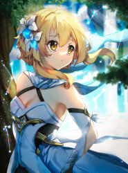 Rule 34 | 1girl, absurdres, bare shoulders, blonde hair, blush, breasts, cleavage, closed mouth, dathie96, detached sleeves, dress, flower, genshin impact, hair between eyes, hair flower, hair ornament, highres, long sleeves, lumine (genshin impact), medium breasts, outdoors, short hair with long locks, solo, standing, tree, upper body, white flower, yellow eyes