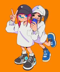 Rule 34 | 2girls, bandaid, bandaid on face, bandaid on nose, baseball cap, black eyes, blue eyes, blue footwear, breast pocket, cellphone, closed mouth, full body, grey footwear, grey hair, grey headwear, grey socks, grin, hand up, hat, highres, holding, holding phone, long hair, long sleeves, looking at viewer, low twintails, medium hair, multiple girls, nao97122, orange background, original, oversized clothes, paw print, phone, pink hair, pocket, ponytail, shoes, sidelocks, simple background, smartphone, smile, sneakers, socks, standing, standing on one leg, sweater, swept bangs, twintails, v, white socks, white sweater
