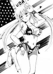Rule 34 | 1girl, american flag, american flag bikini, bikini, breasts, cleavage, flag print, heart, highres, large breasts, legs, looking at viewer, low twintails, monica adenauer, monochrome, navel, smile, solo, swimsuit, thighs, twintails, v, yakitate!! japan