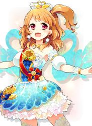 Rule 34 | 10s, 1girl, :d, aikatsu!, aikatsu! (series), bird, blush, brown hair, cowboy shot, crown, detached sleeves, dress, earrings, feather trim, feathers, frilled dress, frills, jewelry, long hair, looking at viewer, necklace, one side up, ozora akari, open mouth, red eyes, sash, simple background, skirt, smile, solo, swan, toro (shiro), white background, wrist cuffs