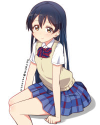 Rule 34 | 1girl, blue hair, blush, commentary request, hair between eyes, long hair, looking at viewer, love live!, love live! school idol project, otonokizaka school uniform, school uniform, simple background, sitting, skull573, smile, solo, sonoda umi, white background, yellow eyes