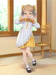 Rule 34 | 1girl, black footwear, blonde hair, bow, chair, child, commentary request, dress, frilled socks, frills, full body, green eyes, hair bow, hair ornament, hairclip, highres, indoors, mary janes, open mouth, original, shoes, short hair, smile, socks, sody, solo, standing, standing on one leg, swept bangs, twintails, two-tone dress, white dress, white socks, yellow bow, yellow dress