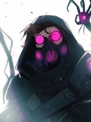 Rule 34 | 1boy, arcane: league of legends, artist name, brown hair, glowing, grey background, hood, hood up, league of legends, looking at viewer, male focus, proxysart, short hair, simple background, solo, tinted eyewear, upper body, viktor (league of legends)