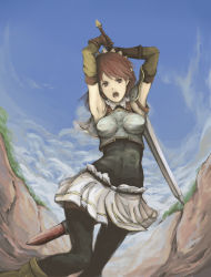 Rule 34 | 00s, 1girl, armor, armpits, attack, black thighhighs, breastplate, brown hair, cecily cambell, gloves, maid headdress, open mouth, ripu (vincecarter), seiken no blacksmith, skirt, solo, sword, thighhighs, weapon